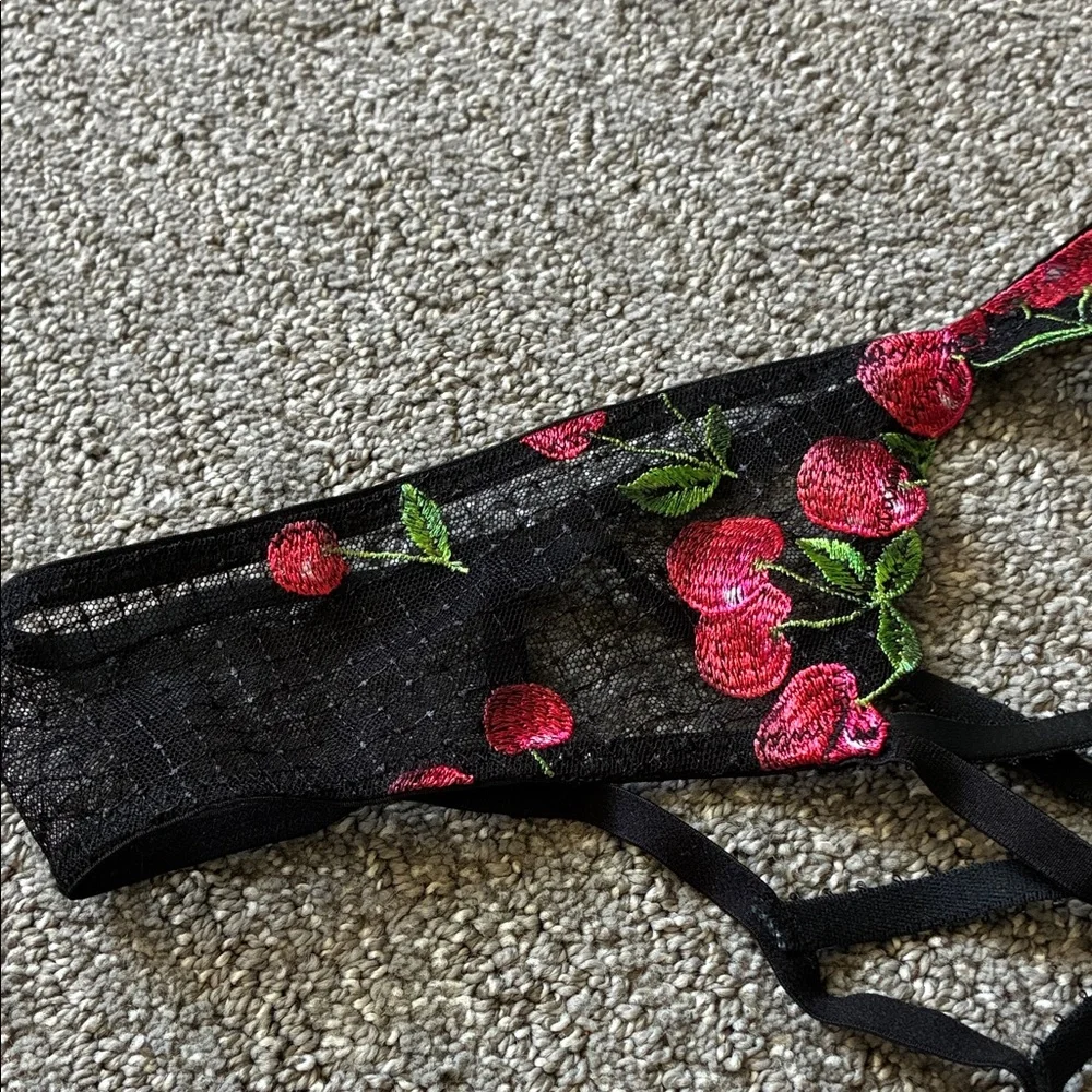 VS Black Lace Garter Belt with Red Cherry Embroidery - Picture 2 of 5